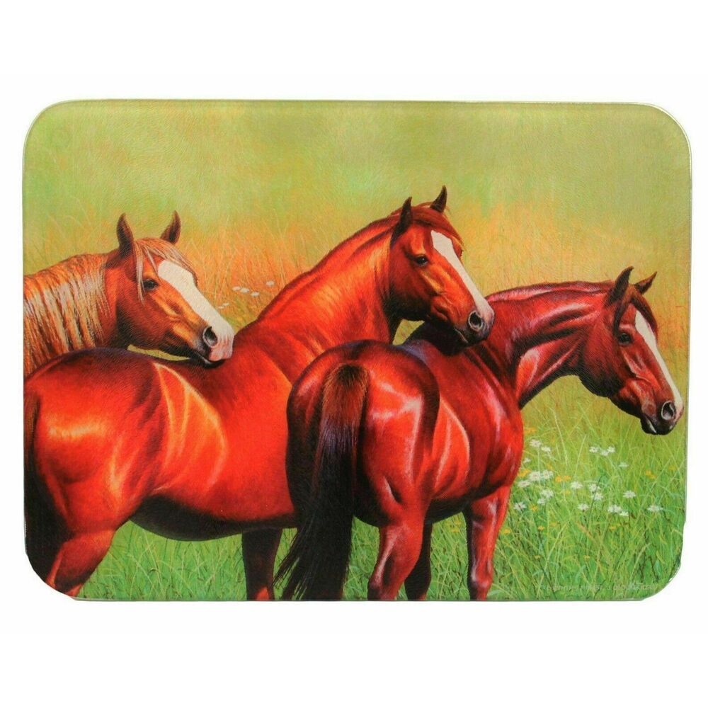 Rivers Edge Three Horses In Meadow Tempered Glass Cutting Board Green Brown Gift